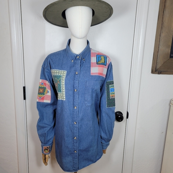Vintage Ashley Hill Wilderness Denim Shirt Patchwork Western Outdoors Vibes L - Picture 1 of 16